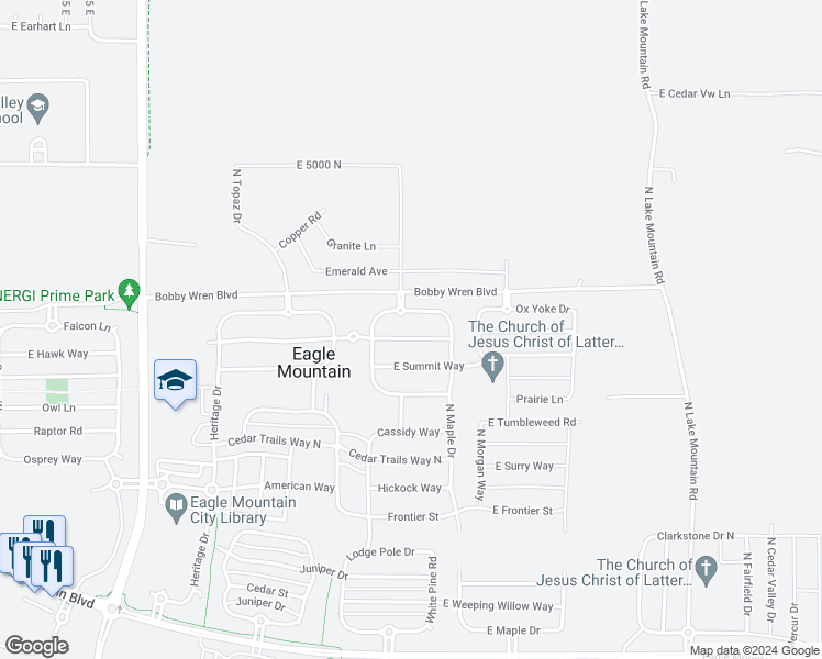 map of restaurants, bars, coffee shops, grocery stores, and more near 2129 East Revere Way in Eagle Mountain