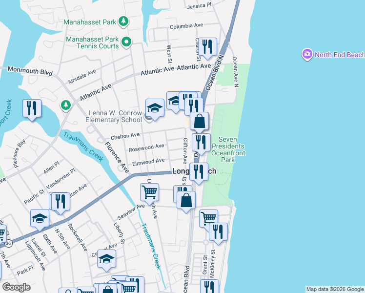 map of restaurants, bars, coffee shops, grocery stores, and more near 284 Clifton Avenue in Long Branch