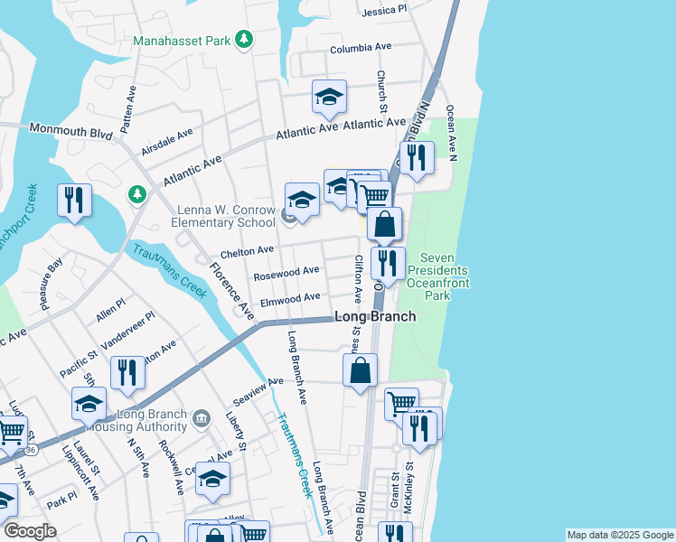 map of restaurants, bars, coffee shops, grocery stores, and more near 284 Clifton Avenue in Long Branch