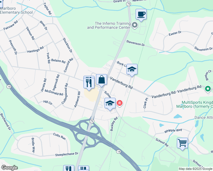 map of restaurants, bars, coffee shops, grocery stores, and more near 6 Vanderburg Road in Marlboro