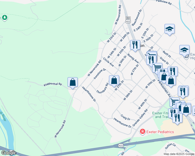 map of restaurants, bars, coffee shops, grocery stores, and more near 12 Ironstone Drive in Reading