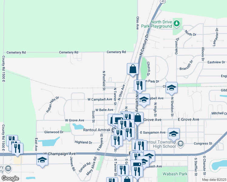 map of restaurants, bars, coffee shops, grocery stores, and more near 104 West Letchworth Street in Rantoul