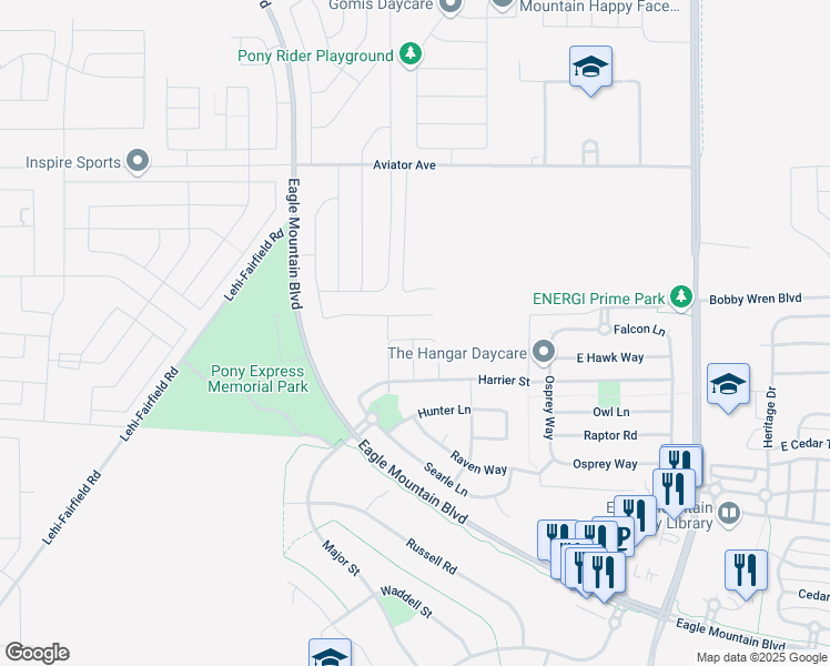map of restaurants, bars, coffee shops, grocery stores, and more near 517 Blackfeet Drive in Eagle Mountain
