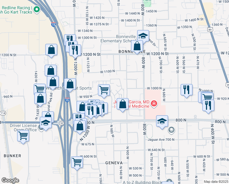 map of restaurants, bars, coffee shops, grocery stores, and more near 952 West 965 North in Orem