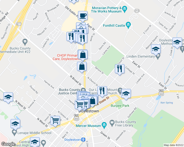 map of restaurants, bars, coffee shops, grocery stores, and more near 149 Selner Lane in Doylestown