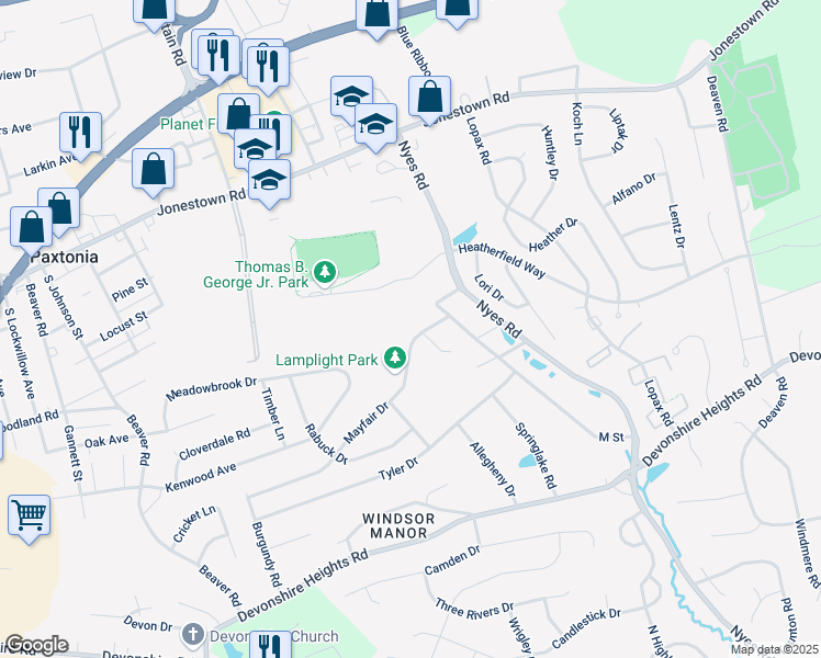map of restaurants, bars, coffee shops, grocery stores, and more near 6128 Mayfair Drive in Harrisburg