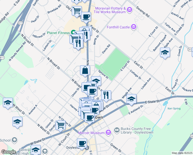 map of restaurants, bars, coffee shops, grocery stores, and more near 149 Selner Lane in Doylestown