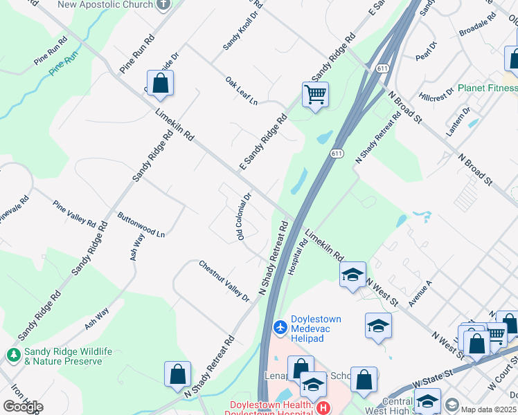 map of restaurants, bars, coffee shops, grocery stores, and more near 19 Gatehouse Lane in Doylestown