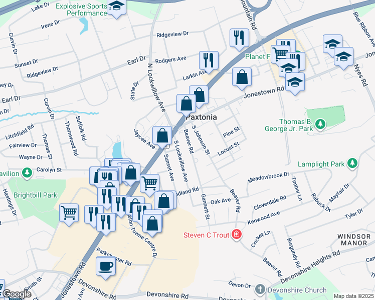 map of restaurants, bars, coffee shops, grocery stores, and more near 120 Beaver Road in Harrisburg