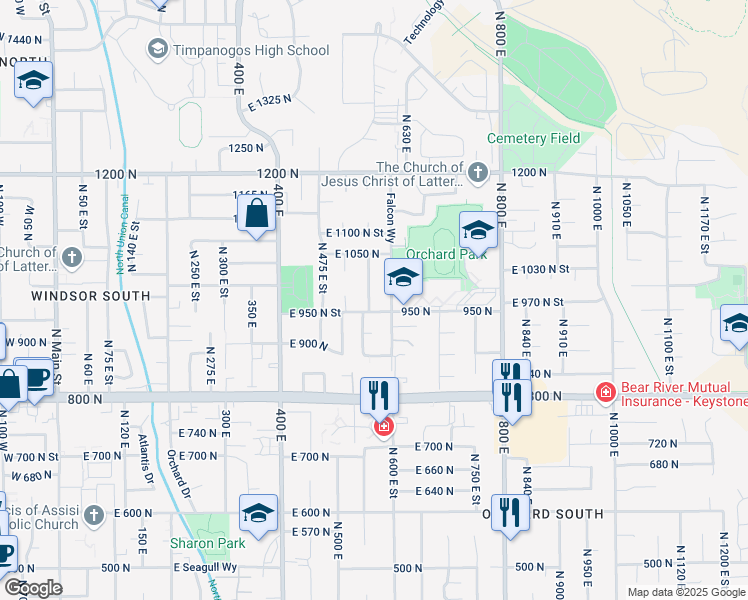 map of restaurants, bars, coffee shops, grocery stores, and more near 976 North 560 East Street in Orem