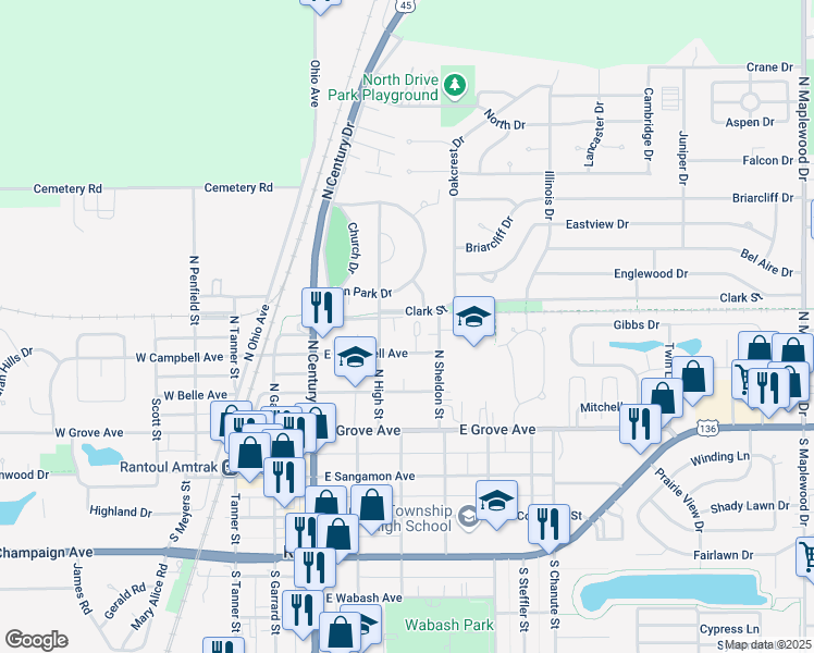 map of restaurants, bars, coffee shops, grocery stores, and more near 424 East Letchworth Avenue in Rantoul