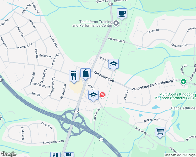 map of restaurants, bars, coffee shops, grocery stores, and more near 6 Vanderburg Road in Marlboro Township