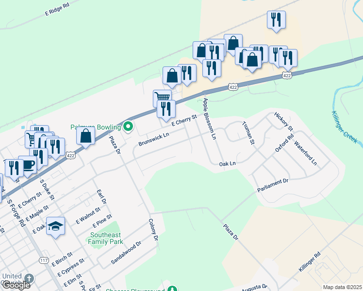 map of restaurants, bars, coffee shops, grocery stores, and more near 1151 East Maple Street in Palmyra