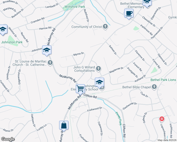 map of restaurants, bars, coffee shops, grocery stores, and more near 3604 South Park Road in Bethel Park