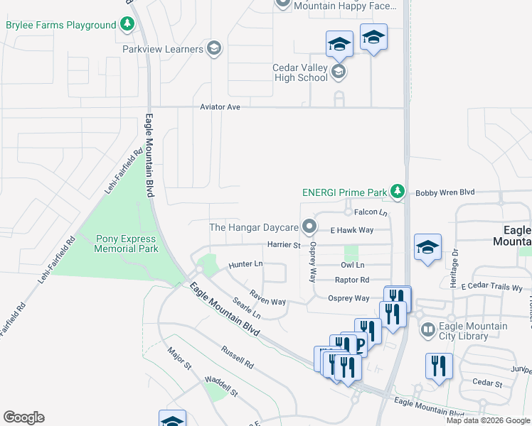 map of restaurants, bars, coffee shops, grocery stores, and more near 1145 Blackfeet Drive in Eagle Mountain