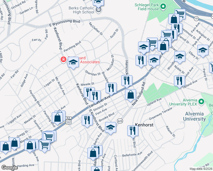 map of restaurants, bars, coffee shops, grocery stores, and more near 106 Brookline Plaza in Reading