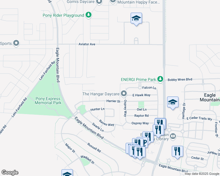 map of restaurants, bars, coffee shops, grocery stores, and more near 1173 Blackfeet Drive in Eagle Mountain