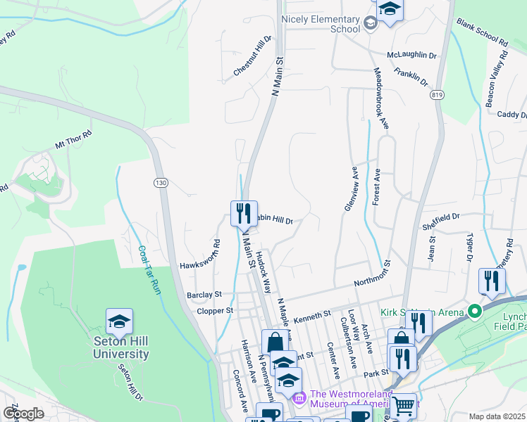 map of restaurants, bars, coffee shops, grocery stores, and more near 617 Cabin Hill Drive in Greensburg