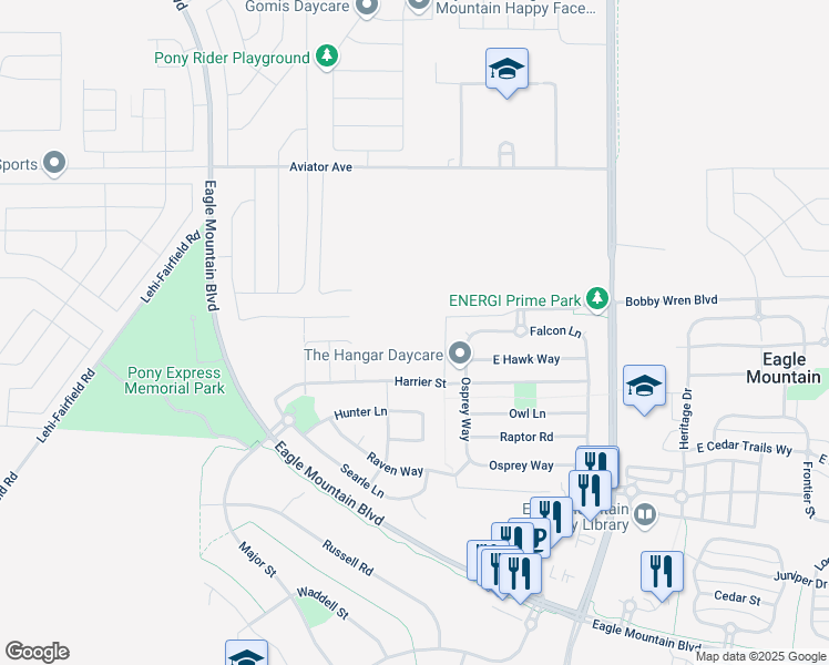map of restaurants, bars, coffee shops, grocery stores, and more near 1187 Blackfeet Drive in Eagle Mountain