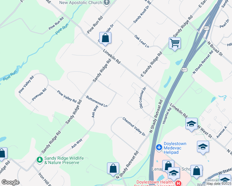 map of restaurants, bars, coffee shops, grocery stores, and more near 98 Buttonwood Lane in Doylestown