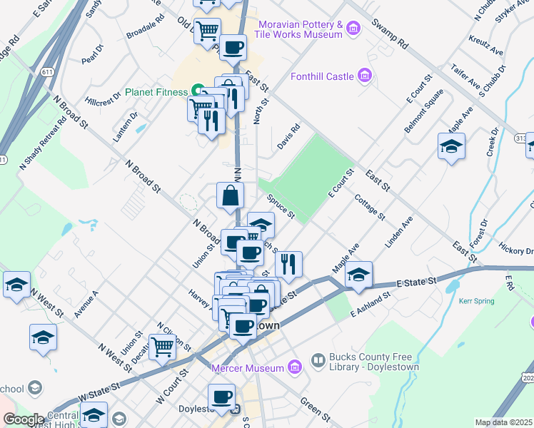 map of restaurants, bars, coffee shops, grocery stores, and more near 160 Selner Lane in Doylestown