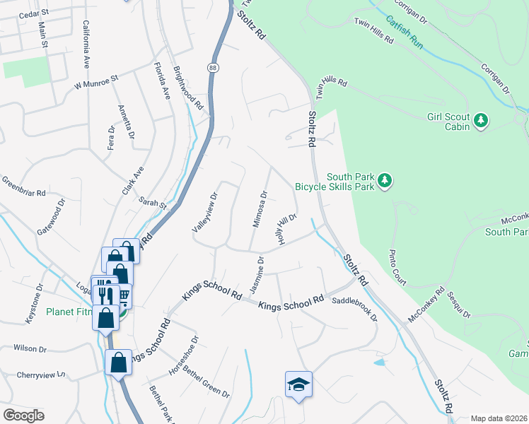 map of restaurants, bars, coffee shops, grocery stores, and more near 3945 Mimosa Drive in Bethel Park