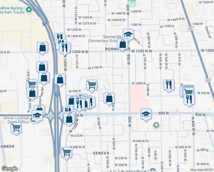 map of restaurants, bars, coffee shops, grocery stores, and more near 923 West 965 North in Orem