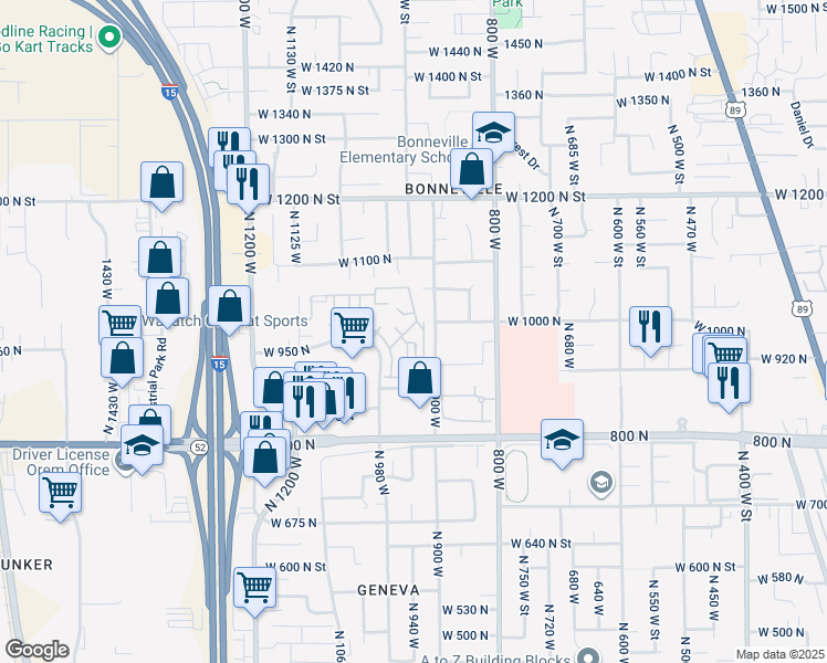 map of restaurants, bars, coffee shops, grocery stores, and more near 930 West 965 North in Orem