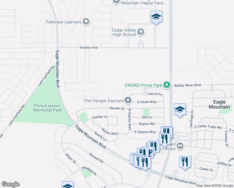 map of restaurants, bars, coffee shops, grocery stores, and more near 1201 East Blackfeet Drive in Eagle Mountain