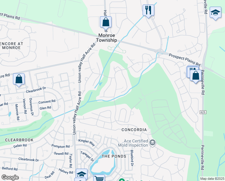 map of restaurants, bars, coffee shops, grocery stores, and more near 124A Concordia Circle in Monroe Township