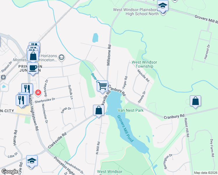 map of restaurants, bars, coffee shops, grocery stores, and more near 160 Cranbury Road in West Windsor Township