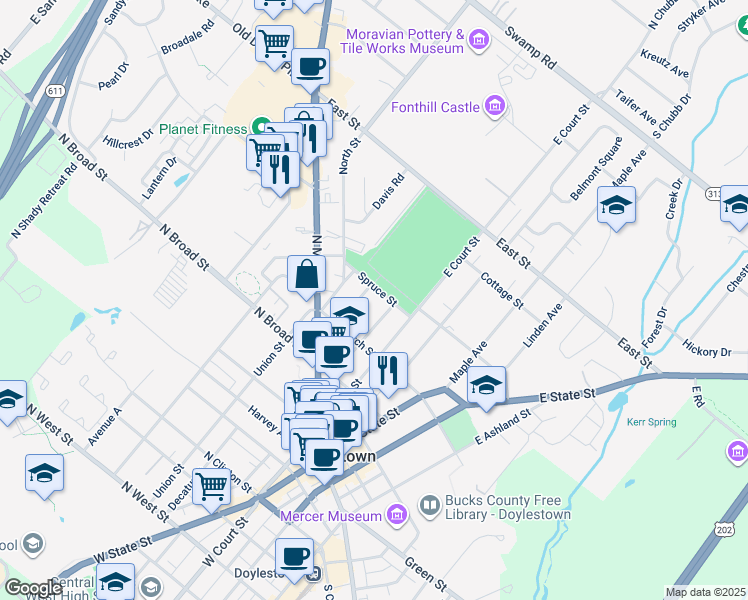map of restaurants, bars, coffee shops, grocery stores, and more near 209 Mechanics Street in Doylestown