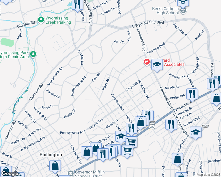 map of restaurants, bars, coffee shops, grocery stores, and more near 524 Pershing Boulevard in Reading