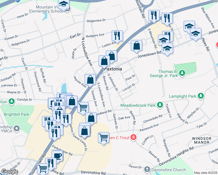 map of restaurants, bars, coffee shops, grocery stores, and more near 116 Beaver Road in Harrisburg