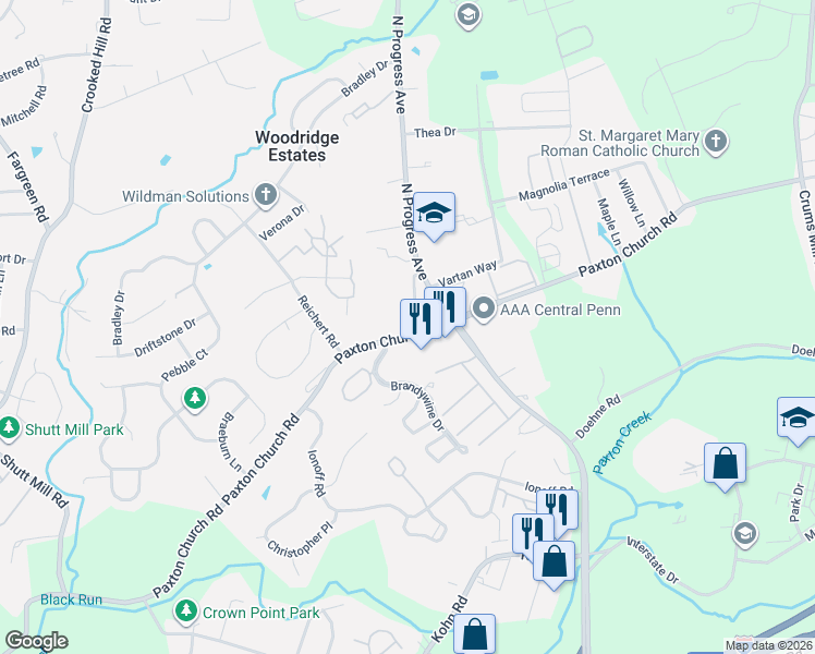 map of restaurants, bars, coffee shops, grocery stores, and more near 2132 Paxton Church Road in Harrisburg