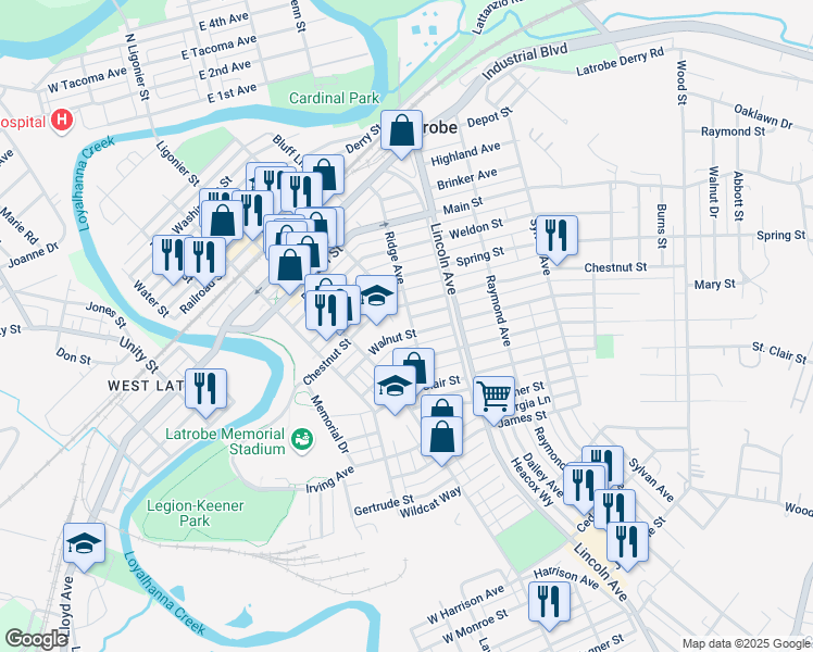 map of restaurants, bars, coffee shops, grocery stores, and more near 1216 Ridge Avenue in Latrobe