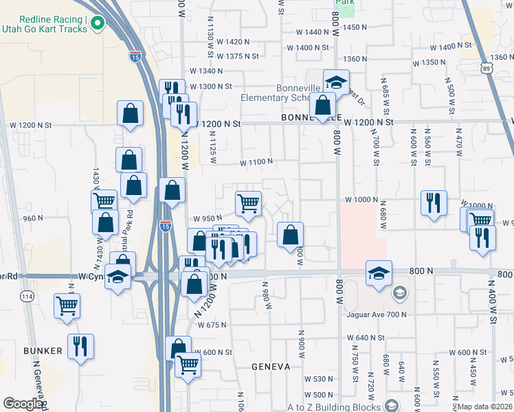 map of restaurants, bars, coffee shops, grocery stores, and more near 990 West 950 North in Orem