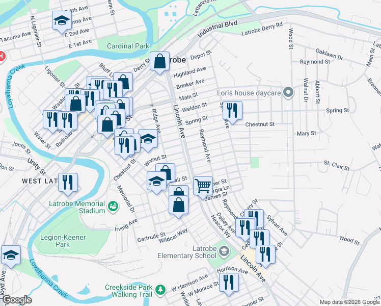 map of restaurants, bars, coffee shops, grocery stores, and more near 1213 Truman Avenue in Latrobe