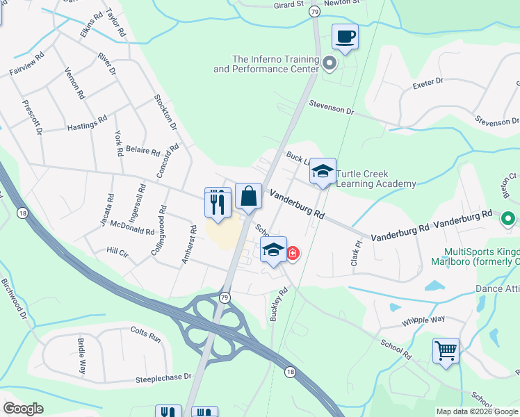 map of restaurants, bars, coffee shops, grocery stores, and more near 9 North Main Street in Marlboro