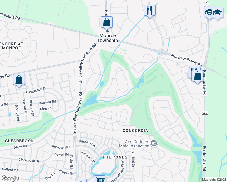 map of restaurants, bars, coffee shops, grocery stores, and more near 124A Concordia Circle in Monroe Township