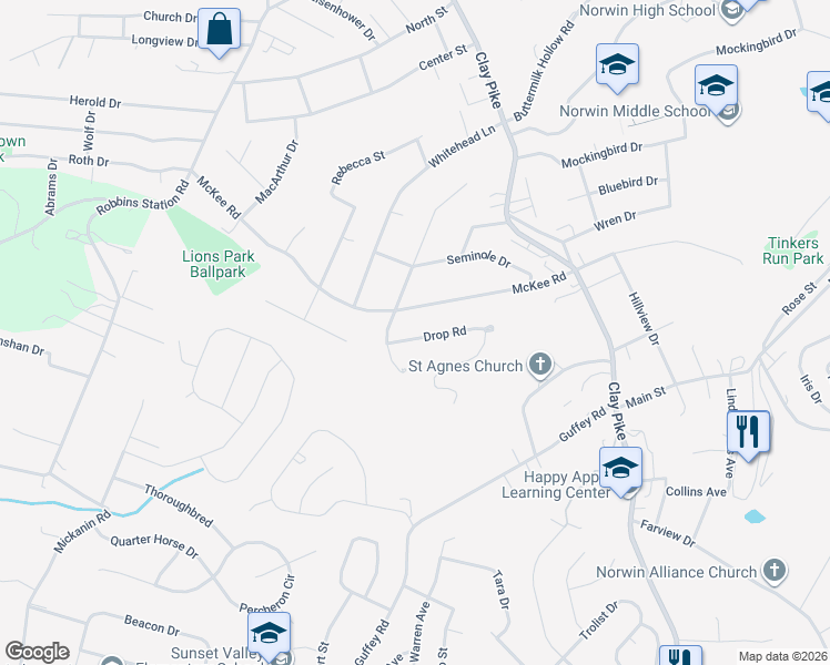 map of restaurants, bars, coffee shops, grocery stores, and more near 11521 Drop Road in Irwin