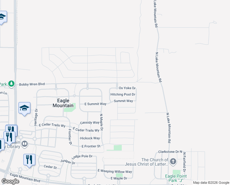 map of restaurants, bars, coffee shops, grocery stores, and more near 2309 Hitching Post Drive in Eagle Mountain