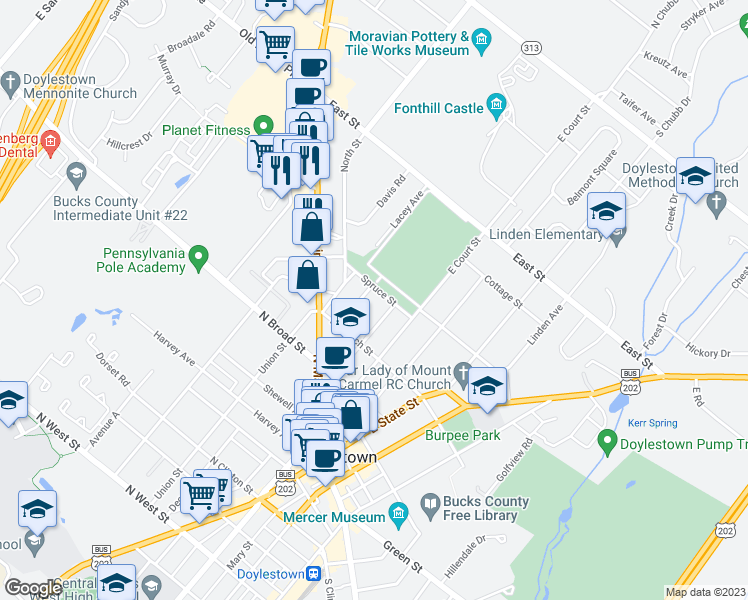 map of restaurants, bars, coffee shops, grocery stores, and more near 209 Mechanics Street in Doylestown