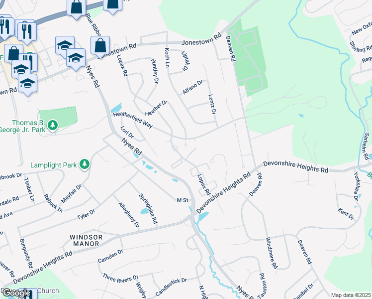 map of restaurants, bars, coffee shops, grocery stores, and more near 6525 Heather Court in Harrisburg