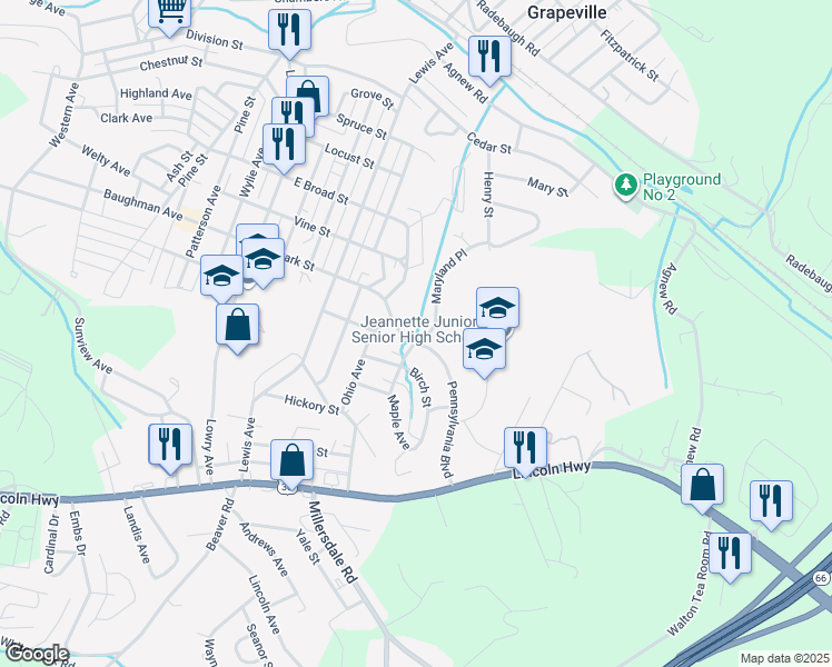 map of restaurants, bars, coffee shops, grocery stores, and more near 6 Maryland Place in Jeannette