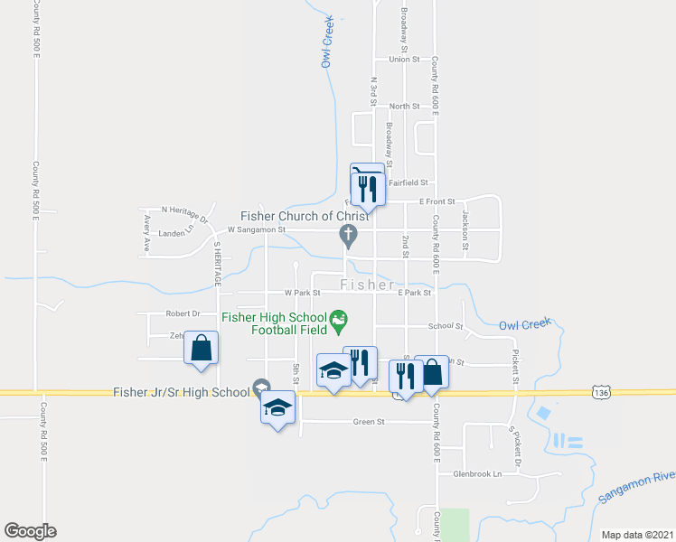 map of restaurants, bars, coffee shops, grocery stores, and more near 301 4th Street in Fisher