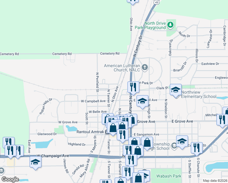 map of restaurants, bars, coffee shops, grocery stores, and more near 411 North Ohio Avenue in Rantoul