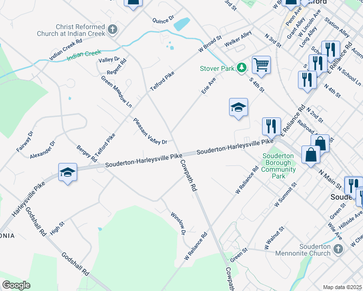 map of restaurants, bars, coffee shops, grocery stores, and more near 197 Harleysville Pike in Souderton