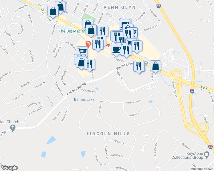 map of restaurants, bars, coffee shops, grocery stores, and more near 8850 Barnes Lake Road in Irwin
