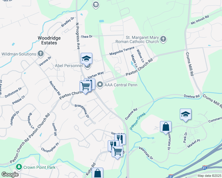 map of restaurants, bars, coffee shops, grocery stores, and more near 2325 Paxton Church Road in Harrisburg